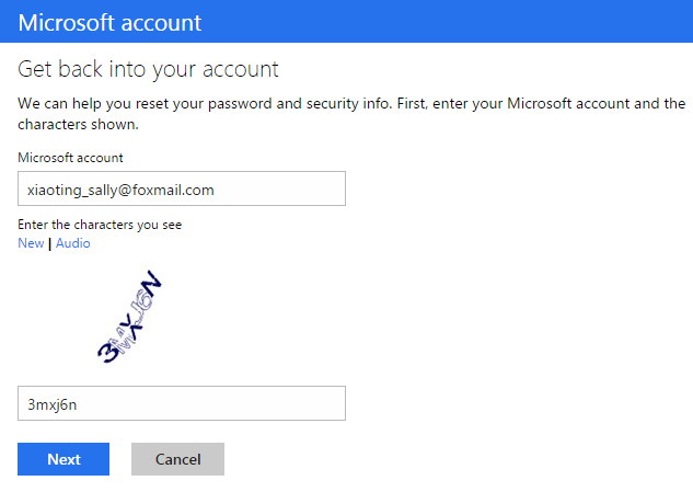 Microsoft Account Password Reset Page